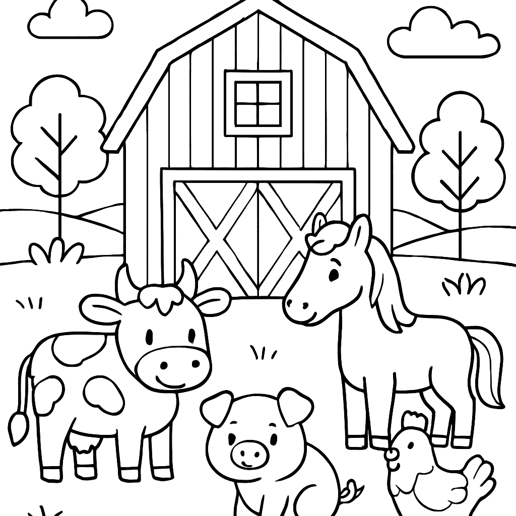 A Barn With Farm Animals Around It