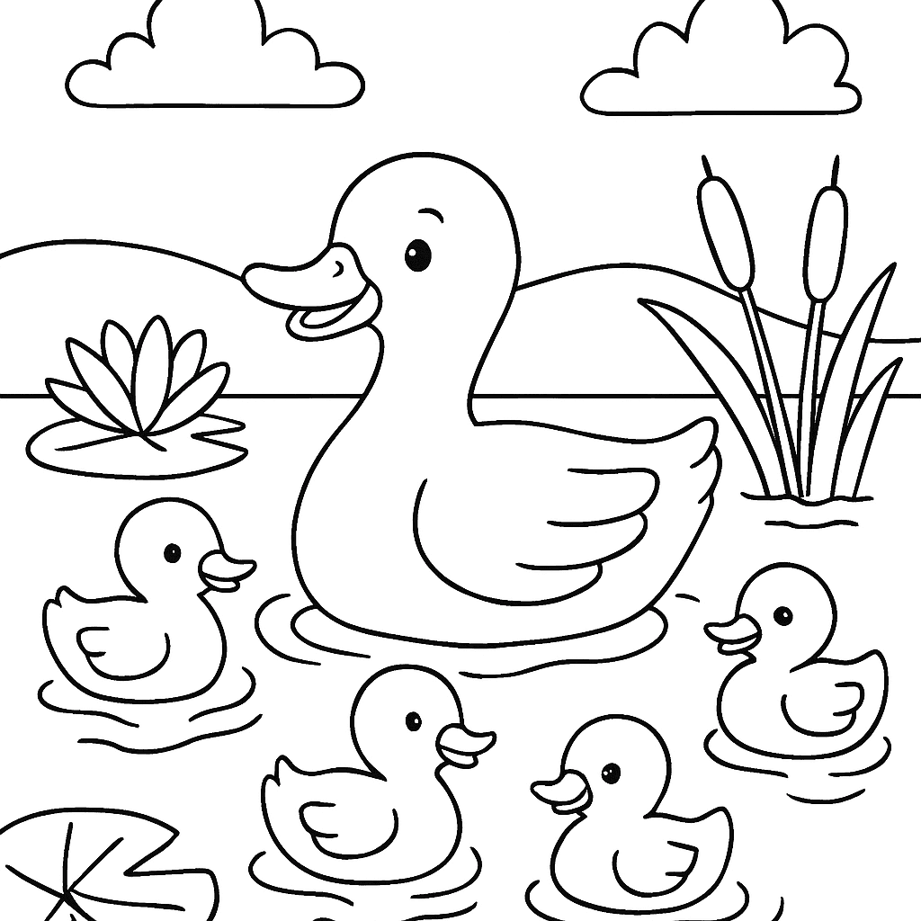 A Duck Family Swimming In A Pond