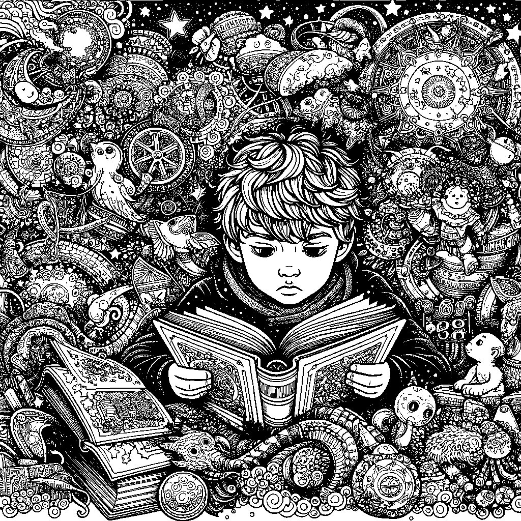 A Child Reading A Book With The Story Coming To Life Around Them