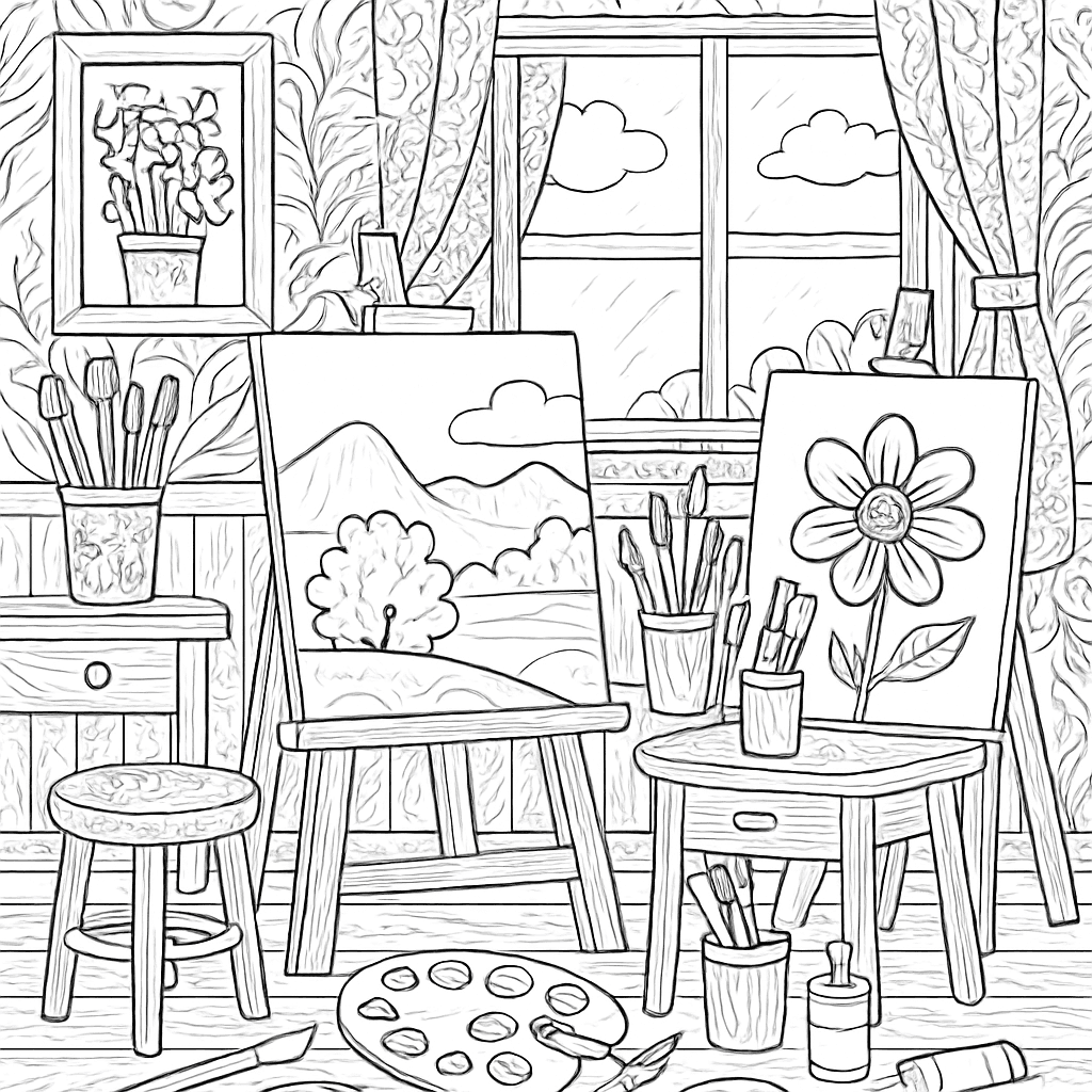 An Art Studio With Canvases And Paint Supplies