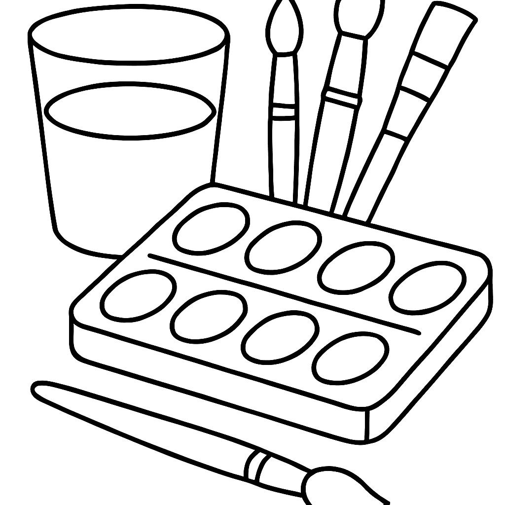 Watercolor Art Supplies — Brushes, Paints, And A Cup Of Water