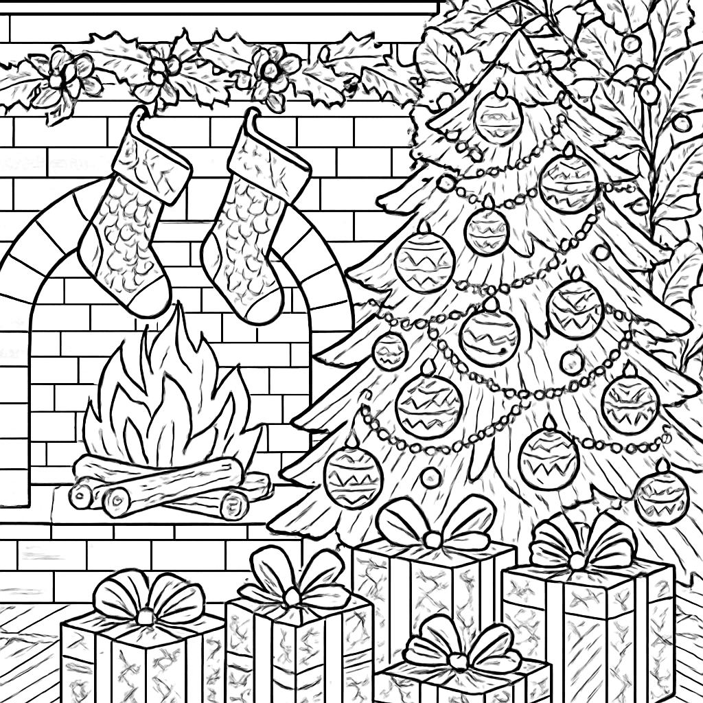 A Cozy Fireplace With Stockings Presents And A Decorated Tree Nearby