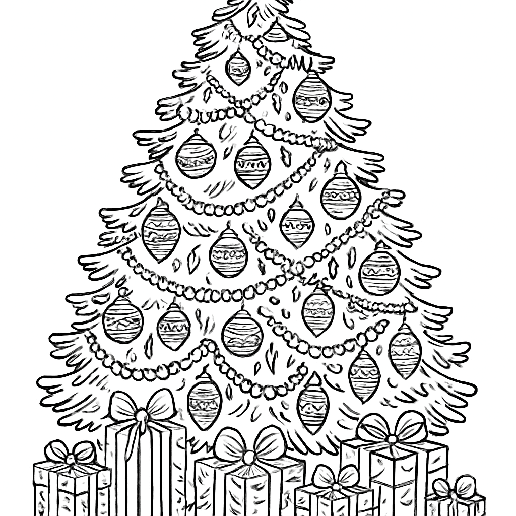 An Elaborate Christmas Tree With Detailed Ornaments Tinsel Lights And Gifts Underneath