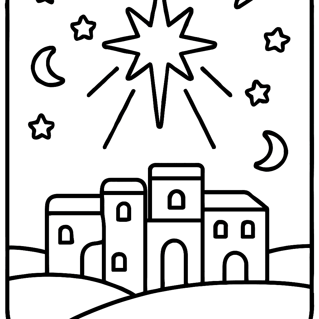 A Bright Star Of Bethlehem Shining Over A Small Town At Night