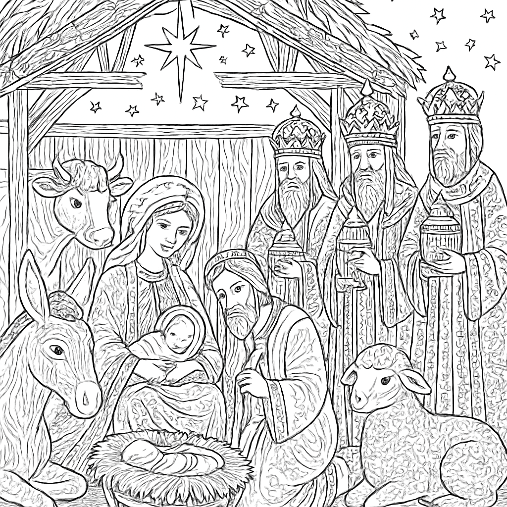 A Complete Nativity Scene With Stable Animals Wise Men And The Holy Family