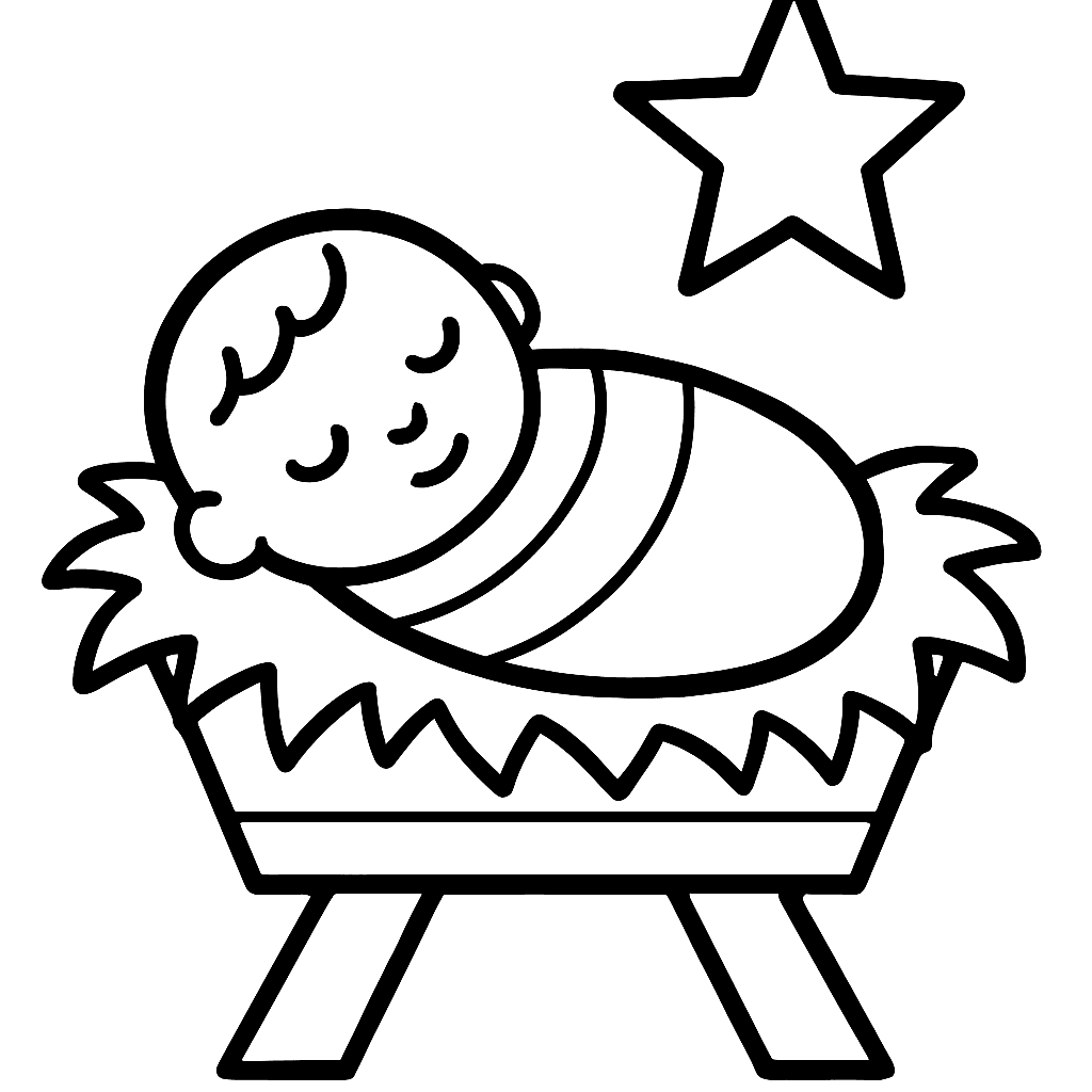 Baby Jesus Sleeping In A Manger With Hay And A Star Above