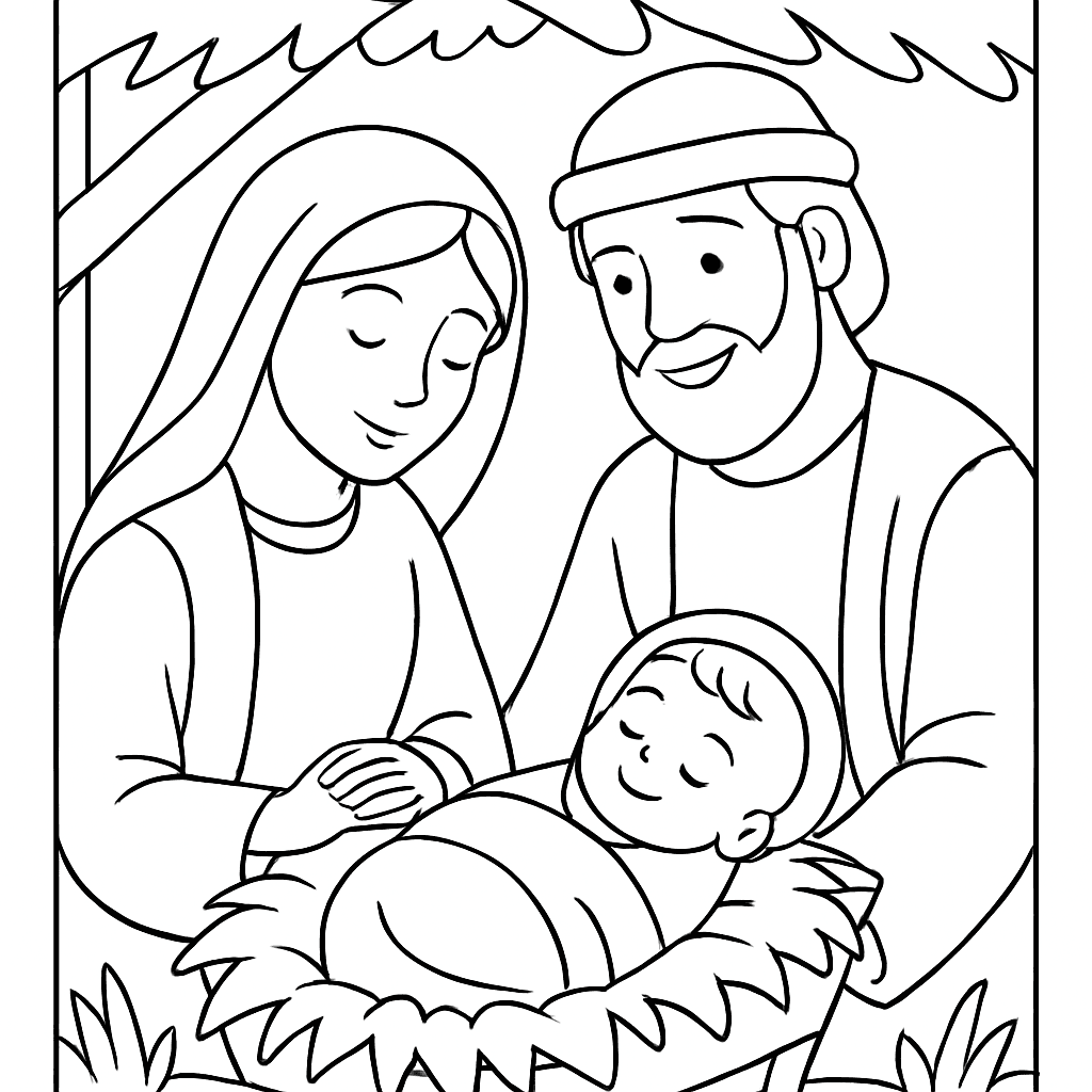 Mary And Joseph Looking Lovingly At Baby Jesus In A Stable