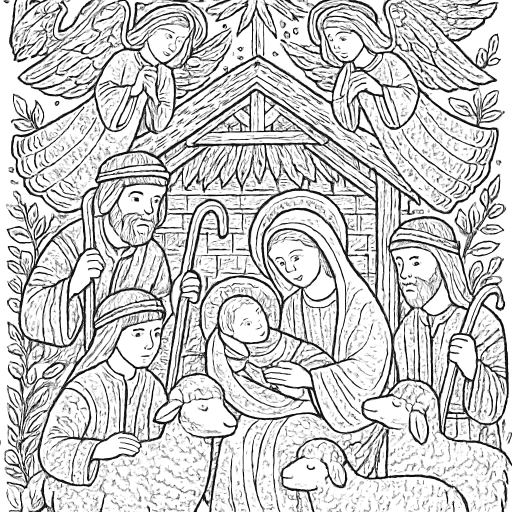 Shepherds And Sheep Gathered Around The Nativity Scene With Angels Above