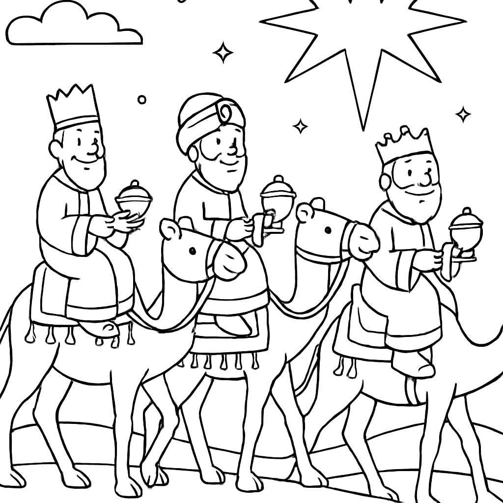 Three Wise Men Riding Camels Through The Desert Following A Star