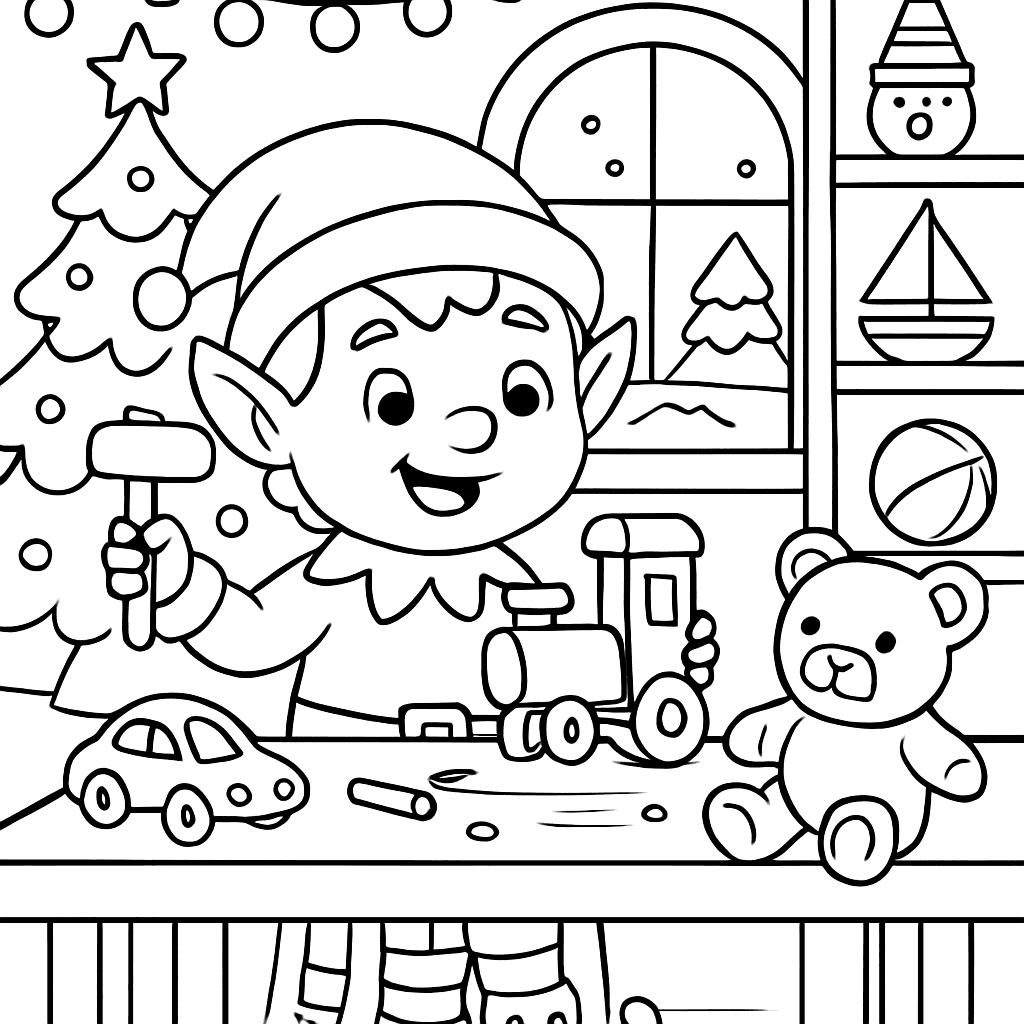 A Cheerful Elf Making Toys In Santa's Workshop
