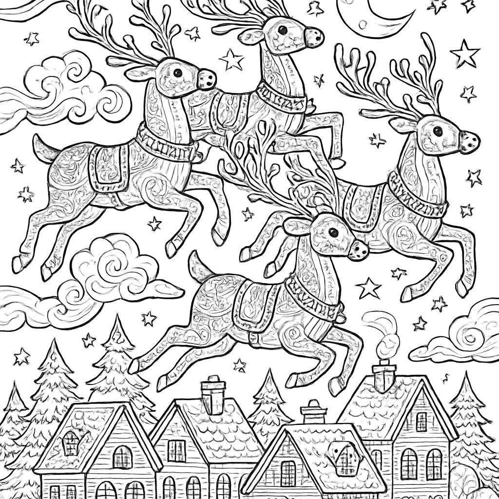 A Team Of Reindeer Flying Over A Snowy Village At Night