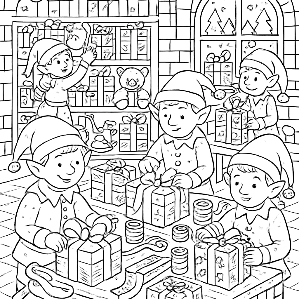 Santa's Workshop Bustling With Elves Wrapping Gifts On Shelves And Tables