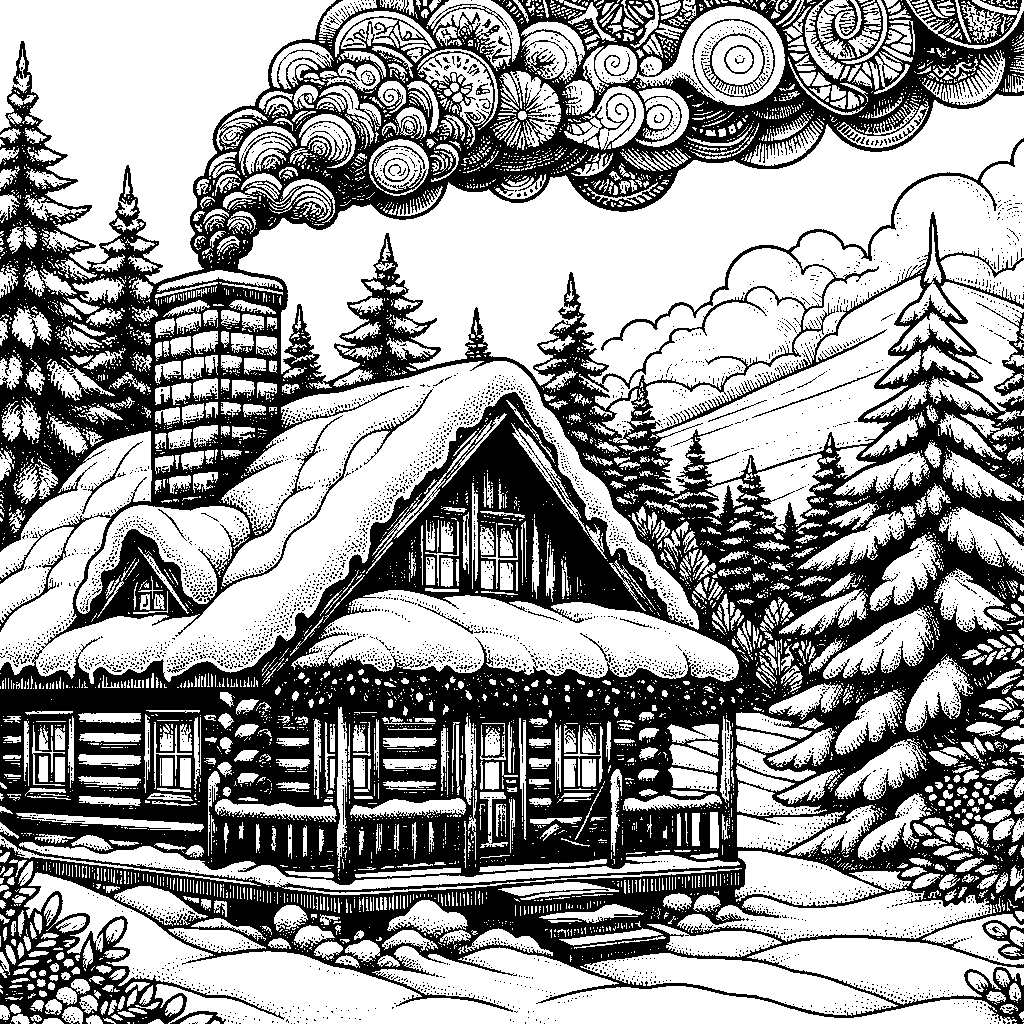 A Cozy Cabin In The Snowy Woods With Smoke From The Chimney