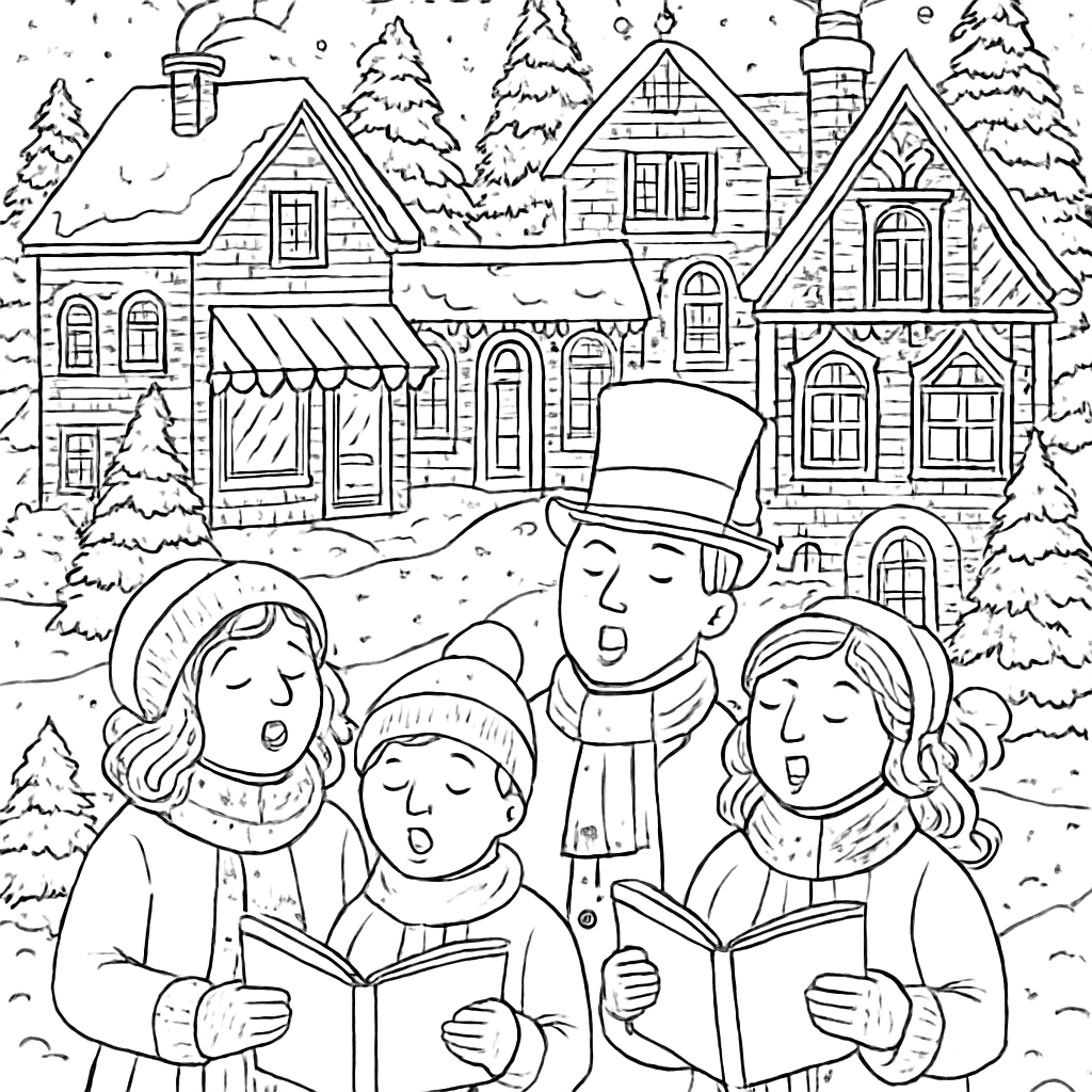 A Detailed Winter Village Scene With Houses Shops And People Caroling