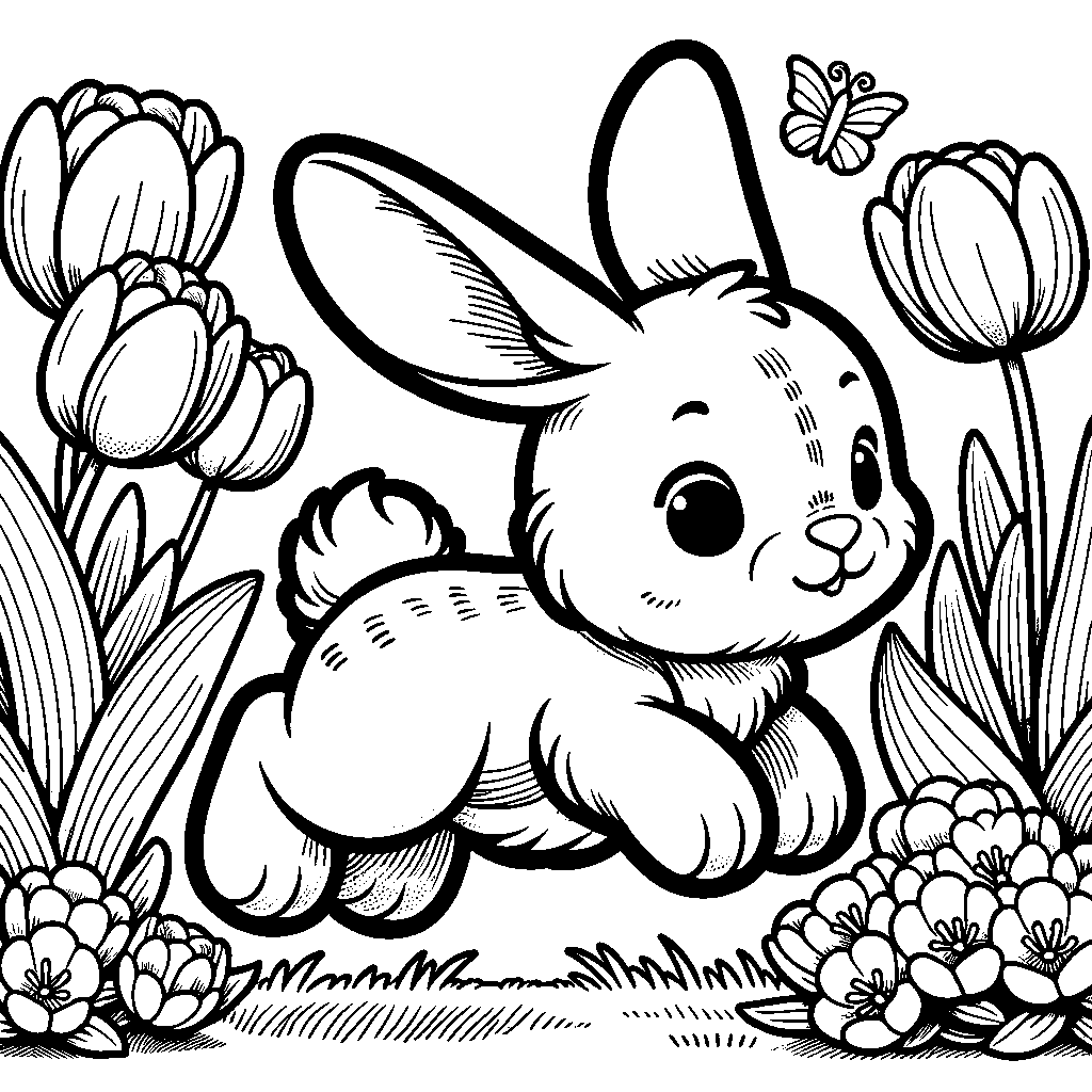 A Bunny Hopping Through A Field Of Tulips In Spring