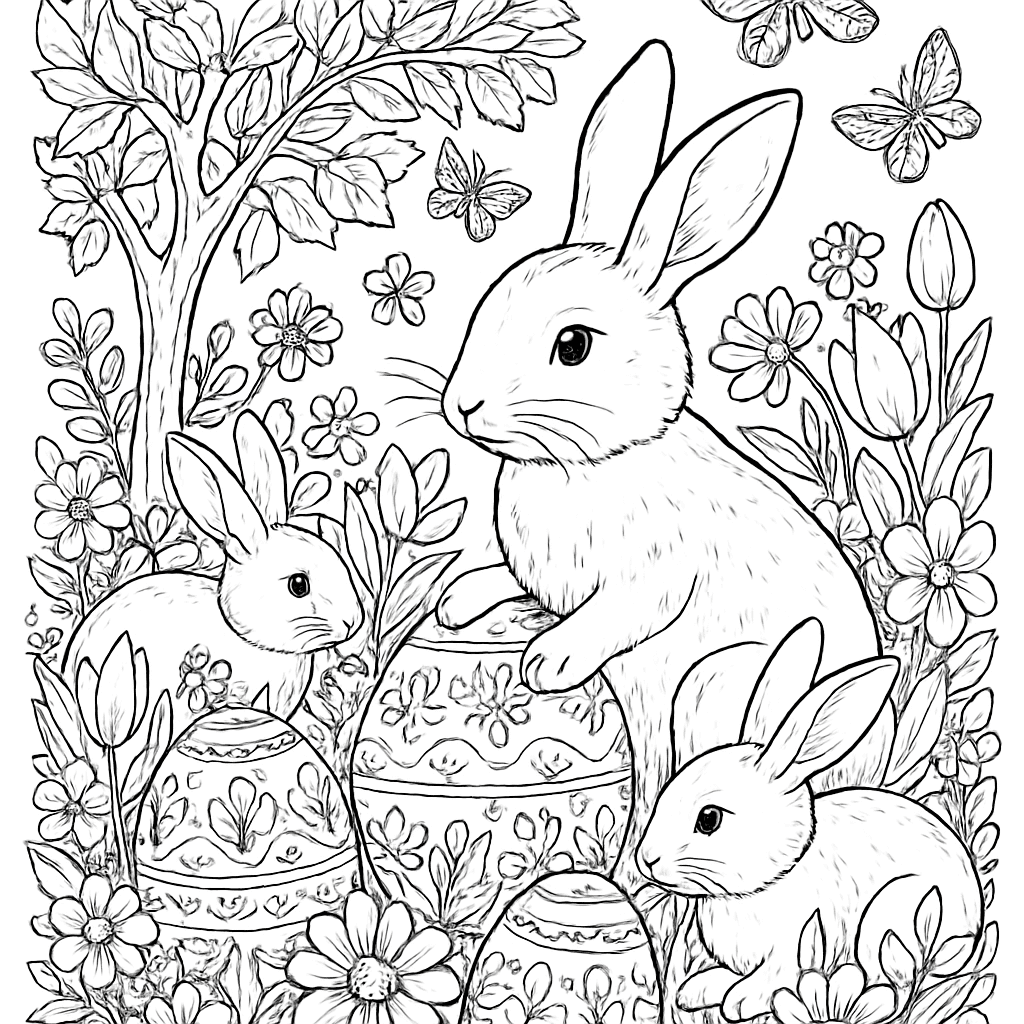 A Detailed Easter Bunny Garden Scene With Bunnies Hiding Eggs Among Flowers Butterflies And Trees