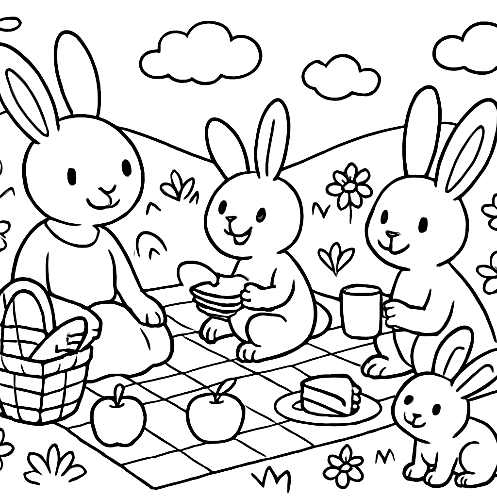 A Family Of Bunnies Having A Picnic In A Spring Meadow With Flowers