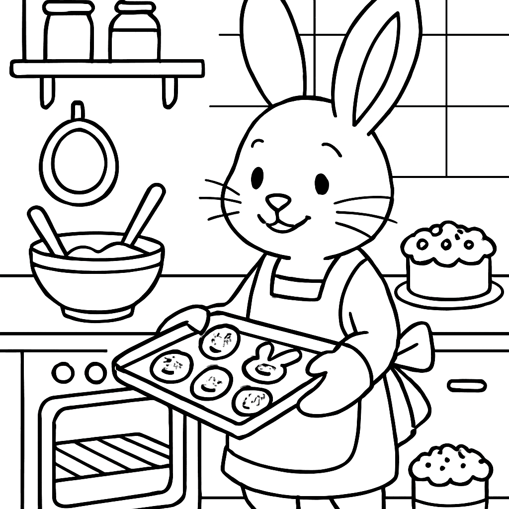 The Easter Bunny In An Apron Baking Cookies And Treats In A Kitchen