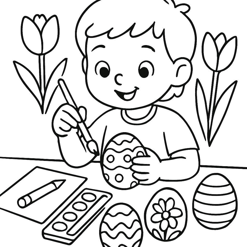 A Child Painting And Decorating Easter Eggs At A Table With Art Supplies