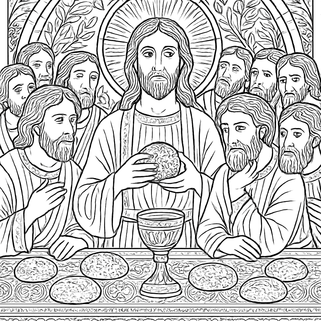 Jesus At The Last Supper Table With Disciples Sharing Bread And Cup