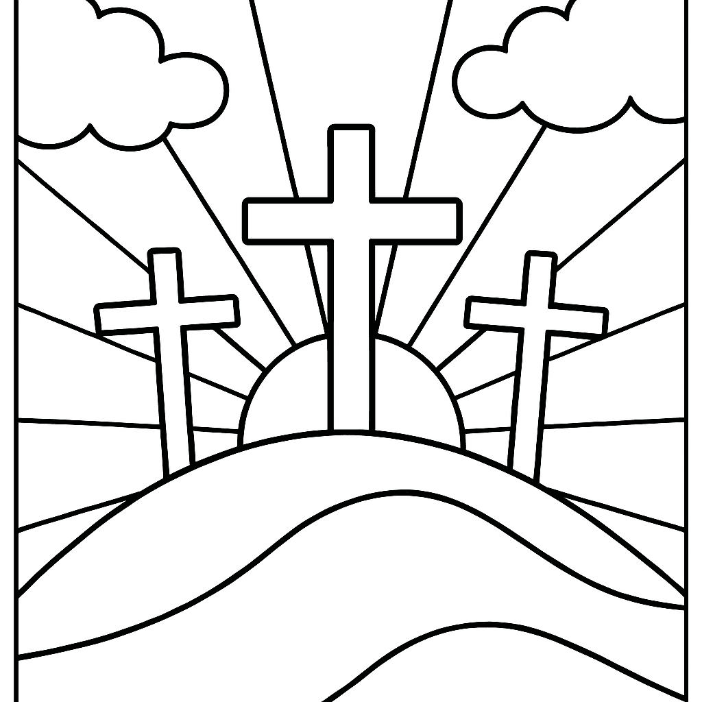 Three Crosses On A Hilltop At Sunrise With Clouds And Rays Of Light