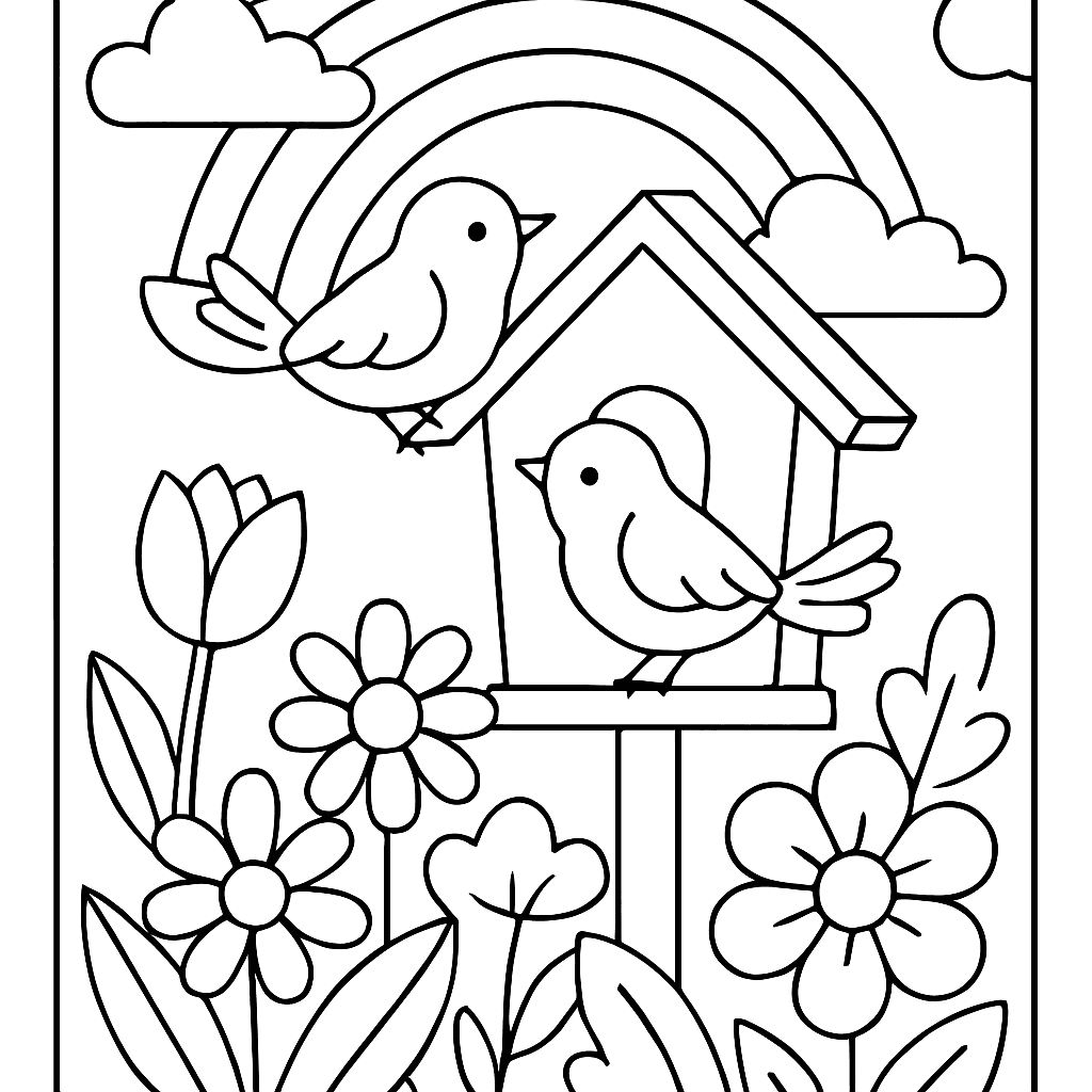 A Spring Garden Scene With Birds On A Birdhouse Flowers Blooming And A Rainbow