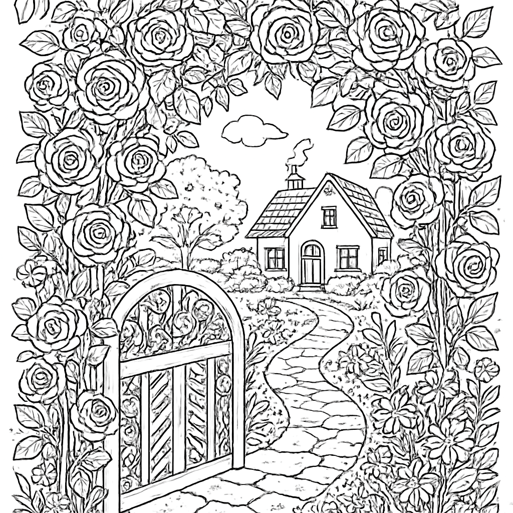 An Elaborate Spring Garden Gate Covered In Climbing Roses With A Path Leading To A Cottage