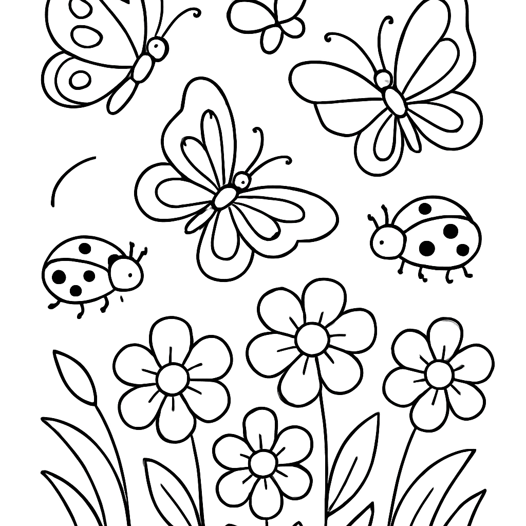 Butterflies And Ladybugs Flying Around Blooming Spring Flowers