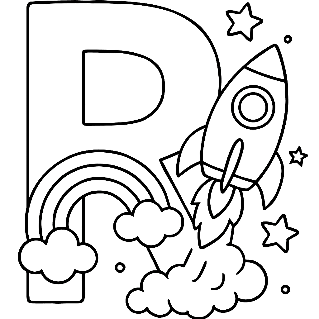 The Letter R With A Rainbow And A Rocket