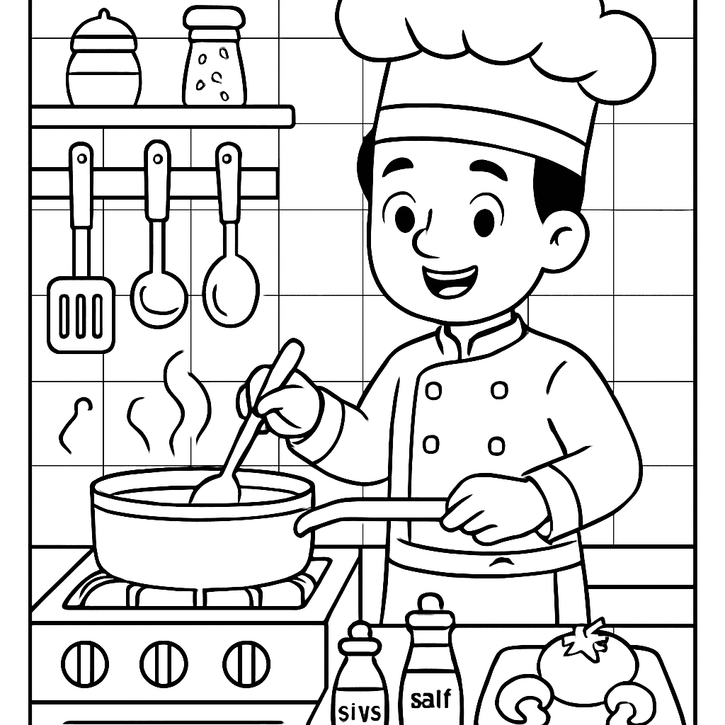 A Chef In A Restaurant Kitchen Cooking With Labeled Kitchen Tools And Ingredients