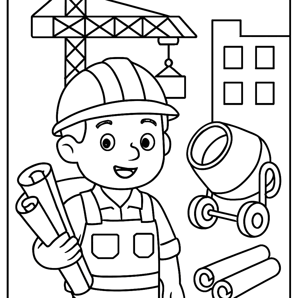 A Construction Worker At A Building Site With Labeled Tools: Hard Hat, Crane, Cement Mixer, Blueprints