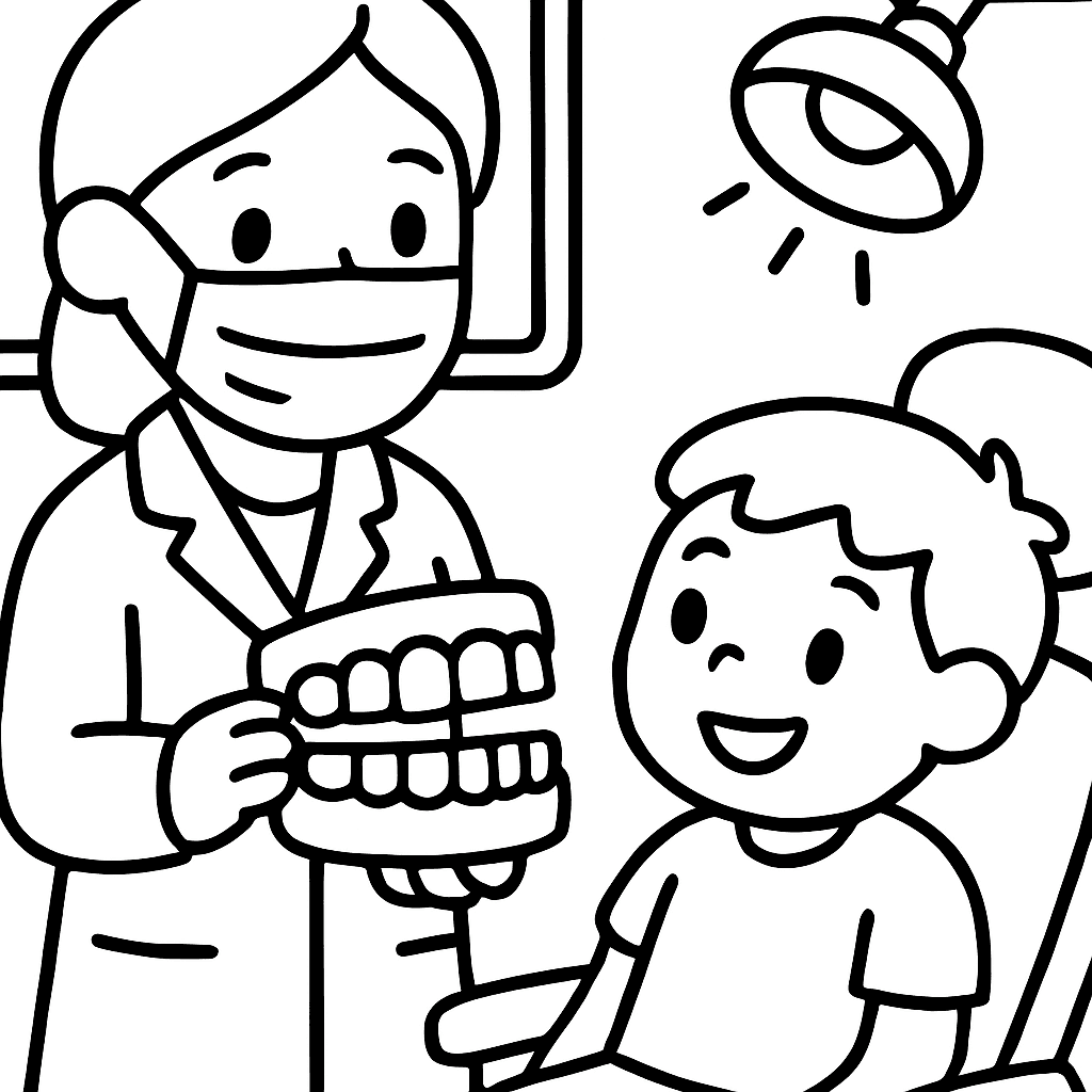 A Dentist Office Scene With A Friendly Dentist Showing A Child A Model Of Teeth