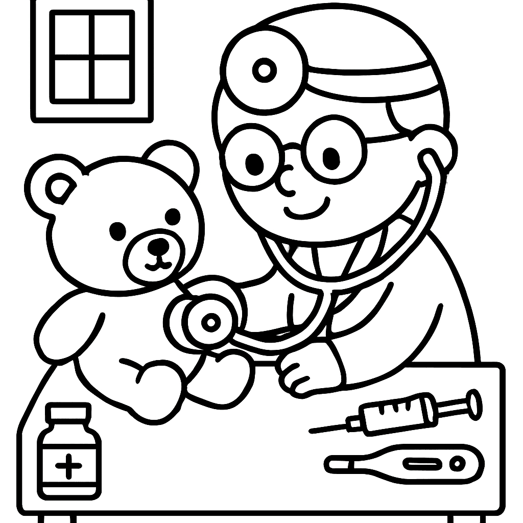 A Doctor In A Clinic Examining A Teddy Bear Patient With A Stethoscope And Medical Tools Labeled