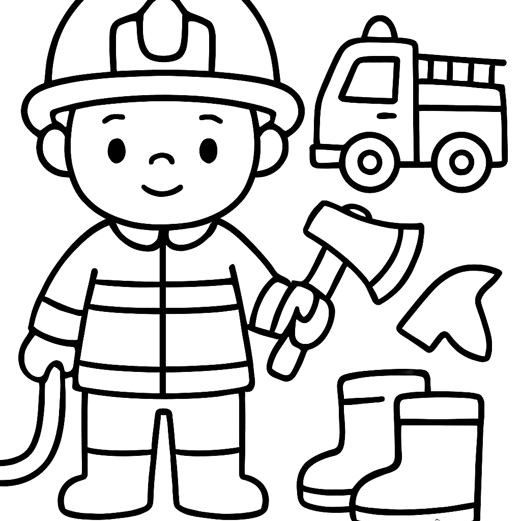 A Firefighter In Full Gear With Labeled Equipment: Helmet, Hose, Axe, Boots, Fire Truck