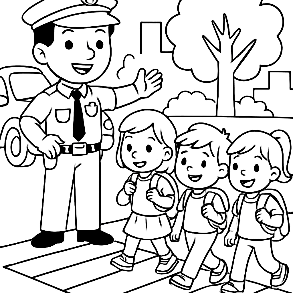 A Police Officer Directing Traffic At A Crosswalk Helping Children Cross Safely