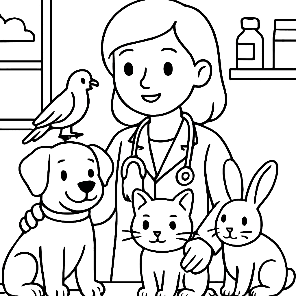 A Veterinarian Caring For Different Animals: Dog, Cat, Bird, And Rabbit In A Clinic