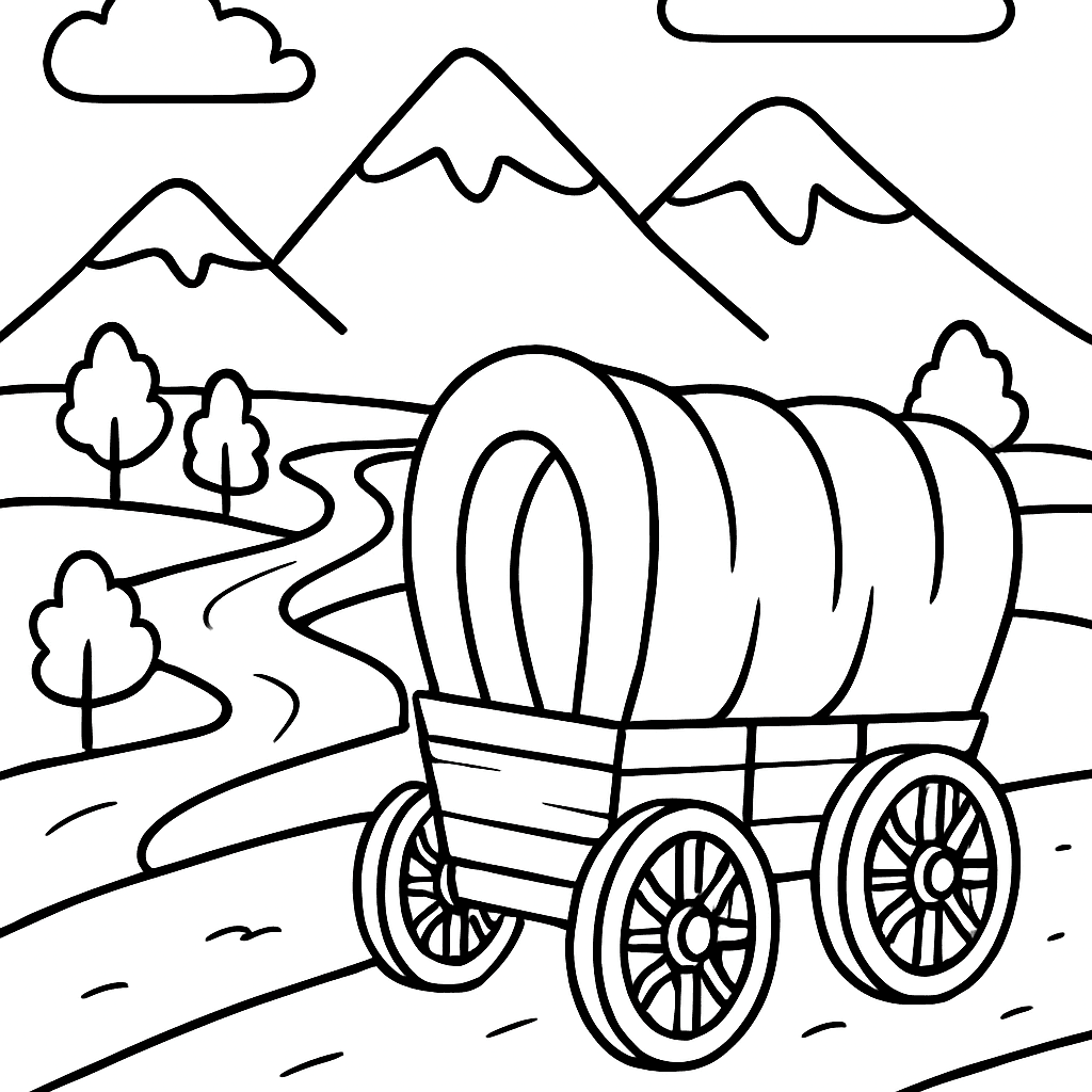 A Covered Wagon Heading West On The Oregon Trail With Mountains And A River In The Background