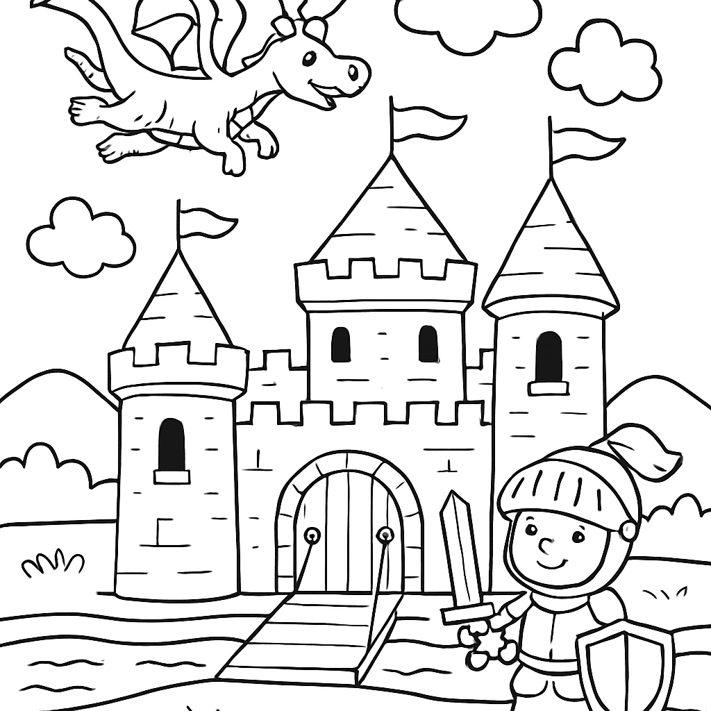 A Medieval Castle With A Knight, Moat, Drawbridge, And A Dragon Flying Overhead