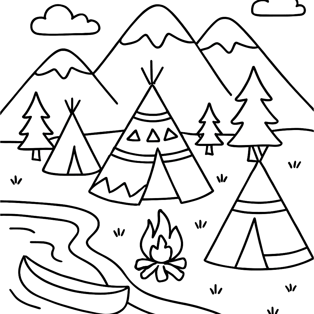 A Native American Village Scene With Teepees, A Campfire, Canoe On A River, And Mountains