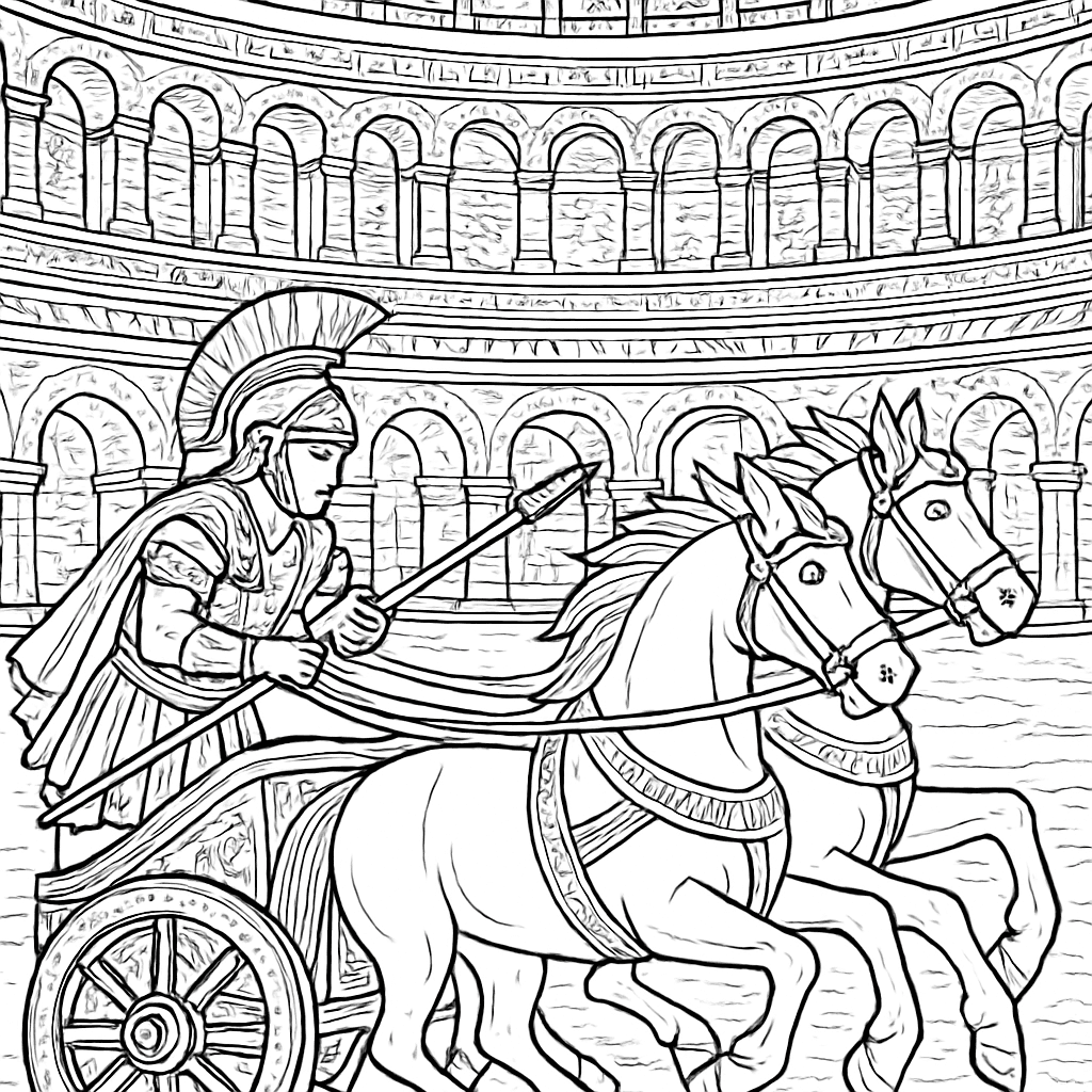 A Roman Colosseum Scene With Arches, Columns, And A Chariot In The Arena