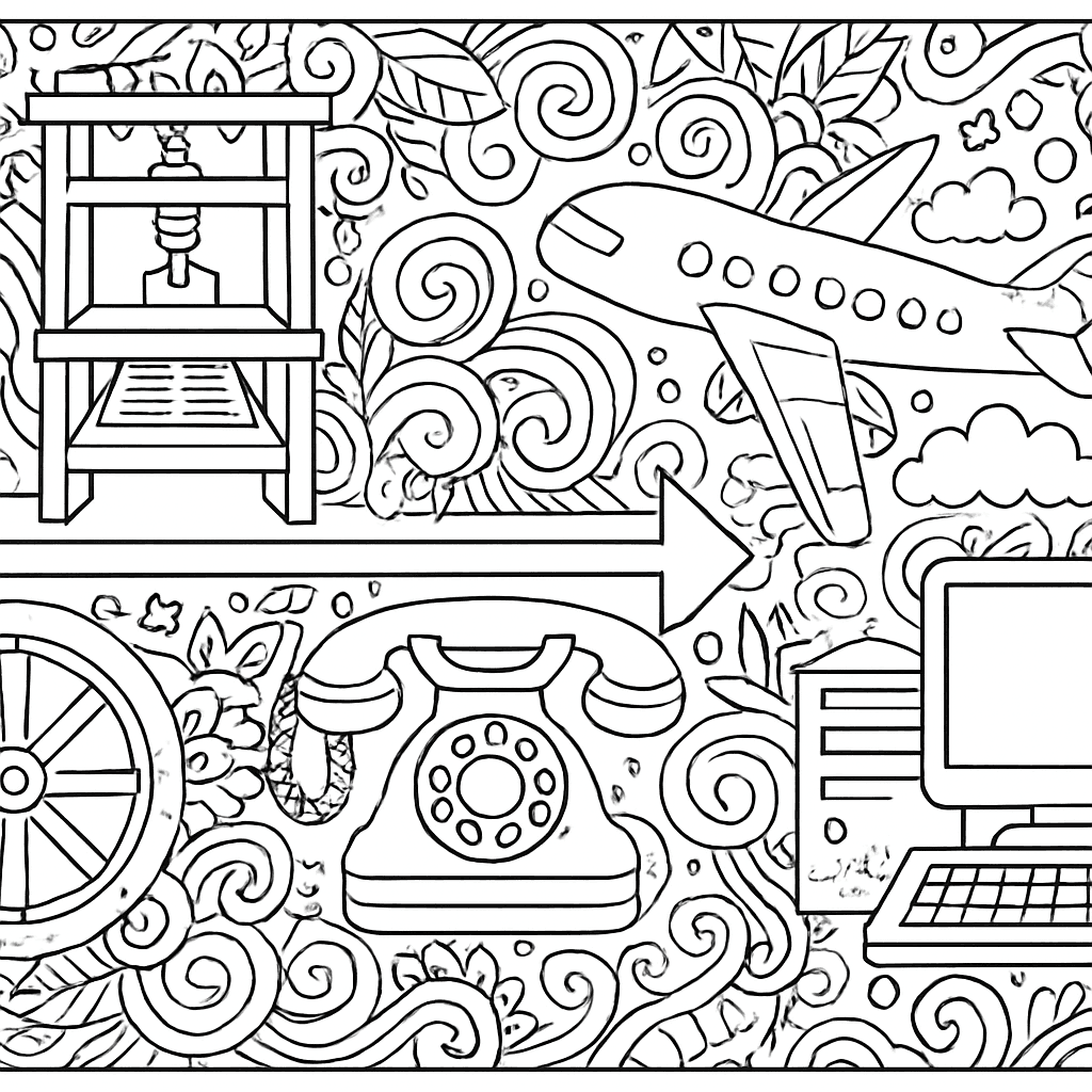 A Timeline Showing Major Inventions: Wheel, Printing Press, Telephone, Airplane, Computer