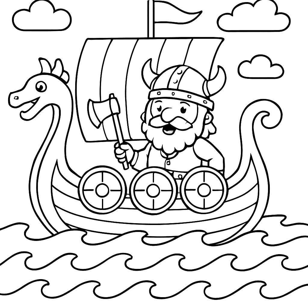 A Viking Longship Sailing Through Waves With A Viking Warrior And Shields On The Side