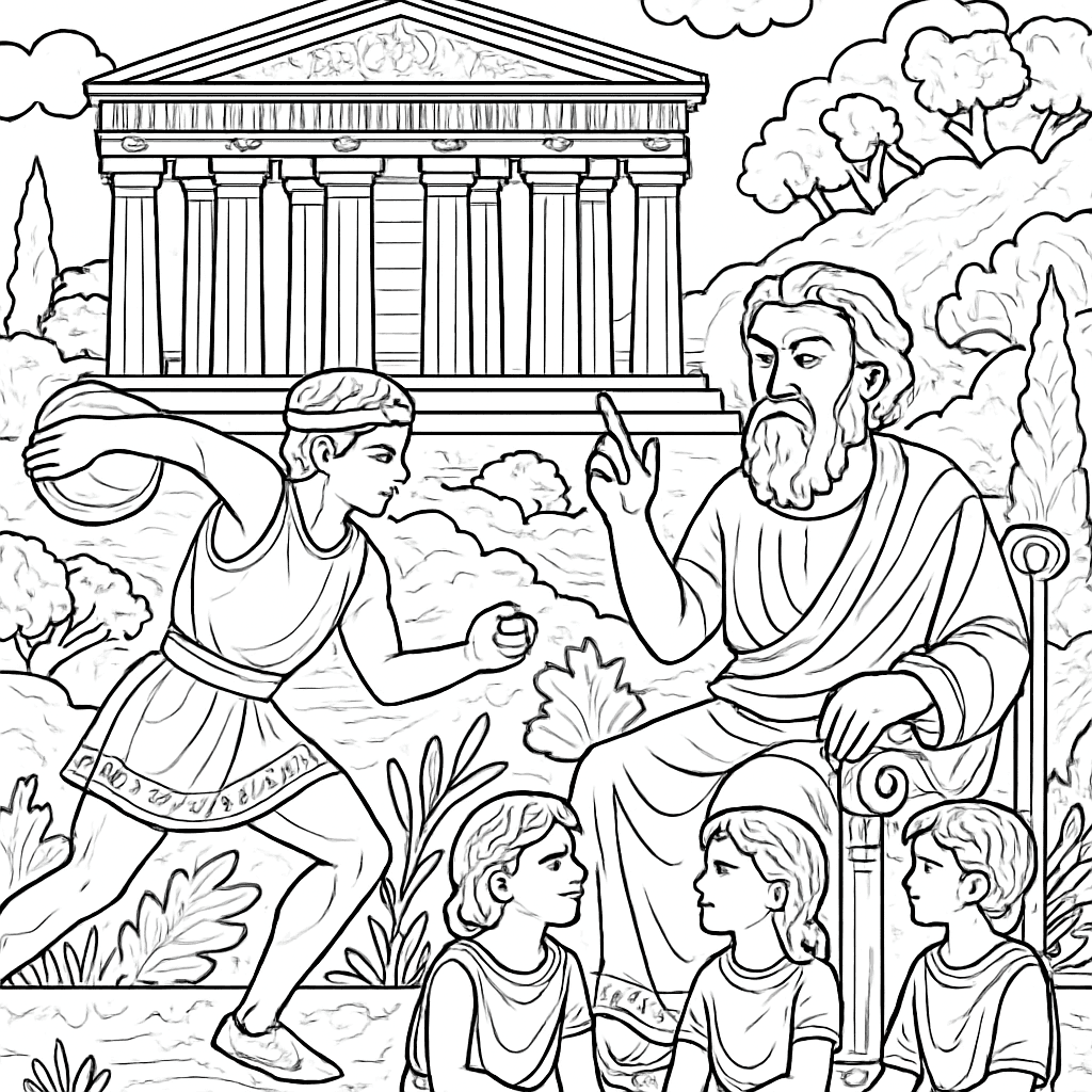 An Ancient Greek Scene With The Parthenon, An Olympic Athlete, And A Philosopher Teaching Students