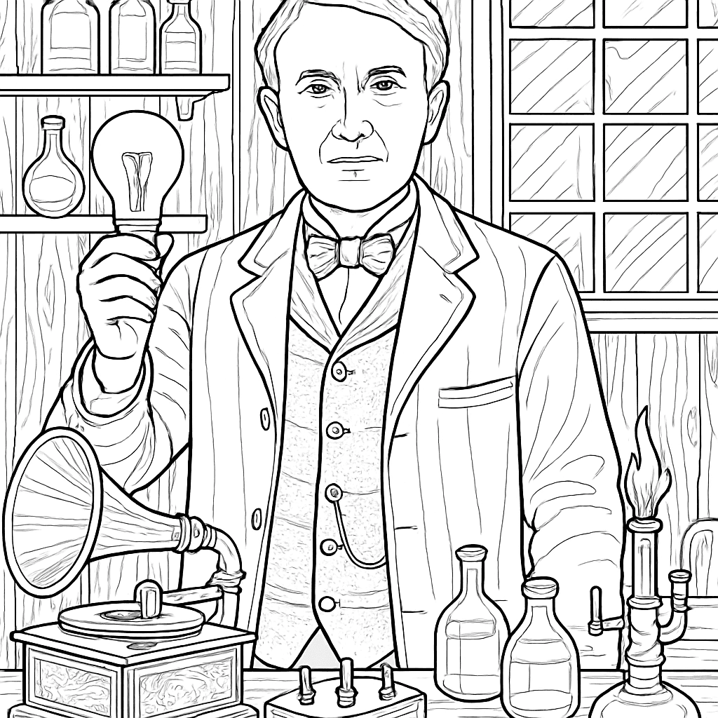 Thomas Edison In His Workshop With A Light Bulb, Phonograph, And Inventions On The Desk