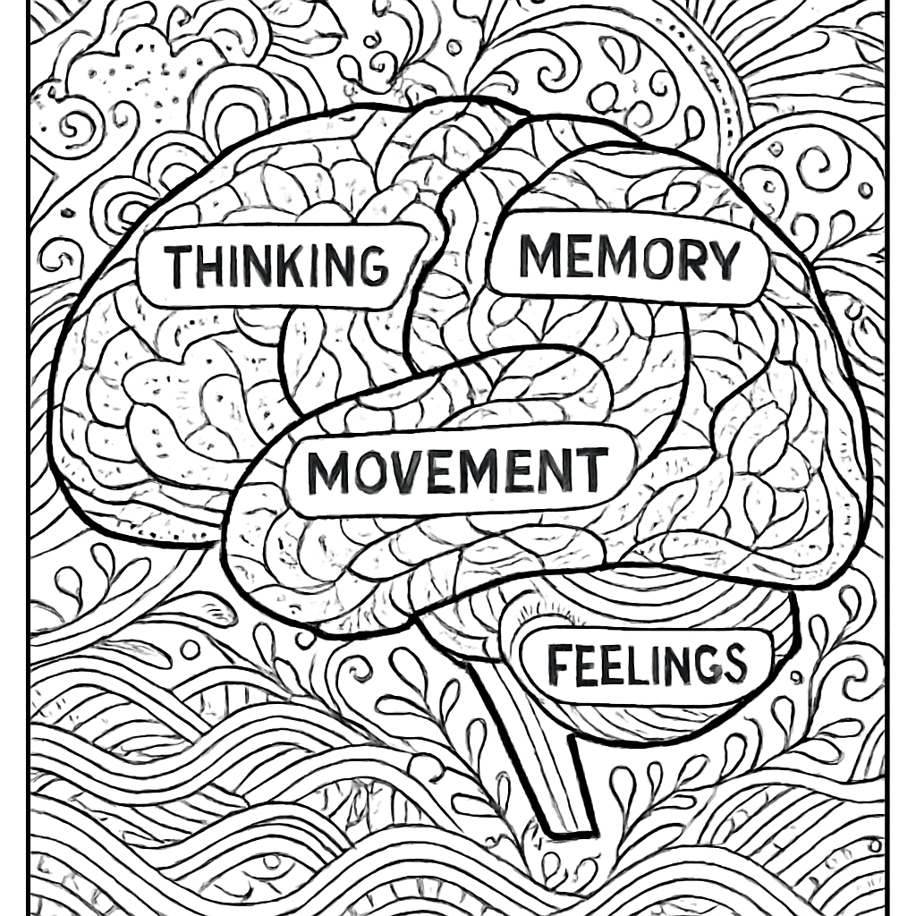 A Brain Diagram Showing Different Areas Labeled: Thinking, Memory, Movement, Feelings, Senses