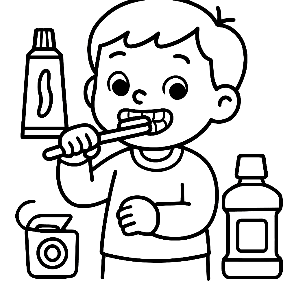 A Child Brushing Teeth With Dental Hygiene Items Labeled: Toothbrush, Toothpaste, Floss, Mouthwash