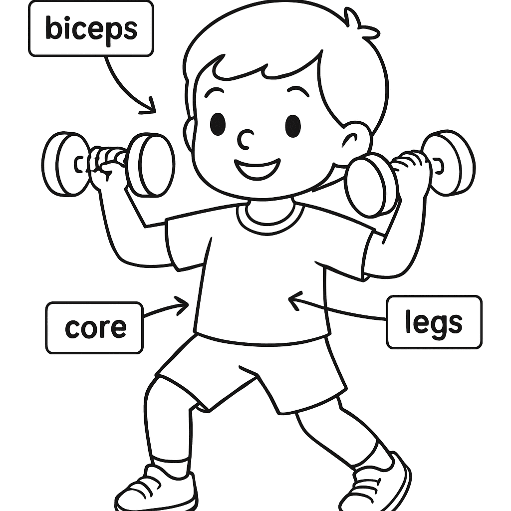 A Child Exercising With Labels Showing Different Muscles Being Used: Biceps, Legs, Core