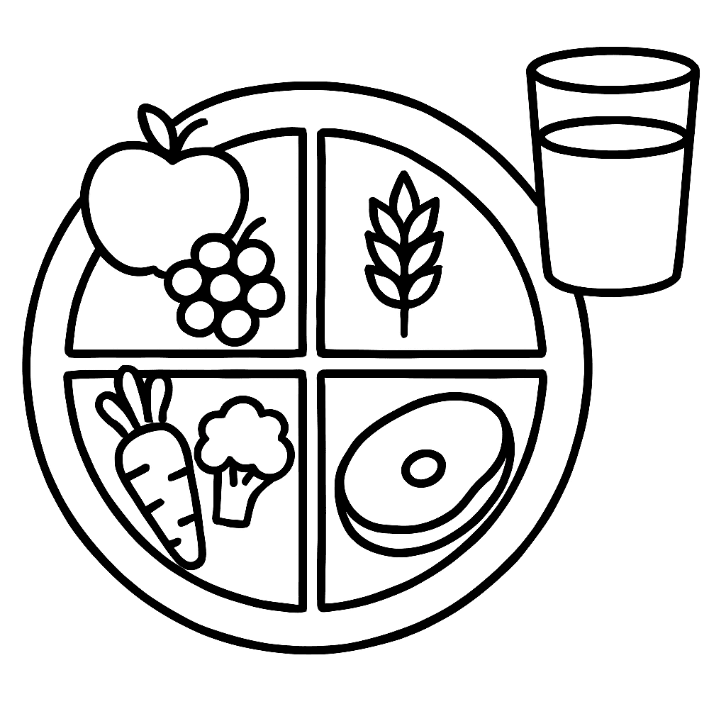A Healthy Plate Divided Into Sections: Fruits, Vegetables, Grains, And Protein With Water On The Side