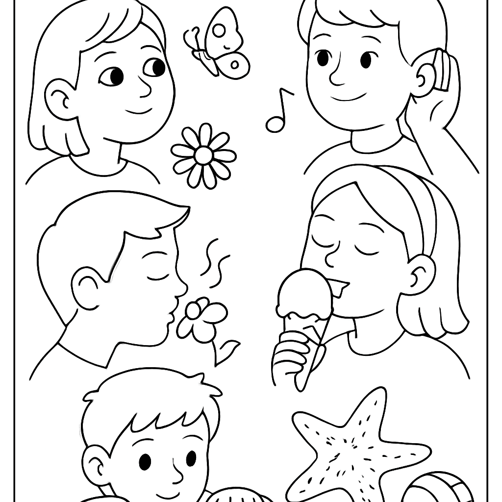 The Five Senses Shown As Five Scenes: Eyes Seeing, Ears Hearing, Nose Smelling, Tongue Tasting, Hands Touching