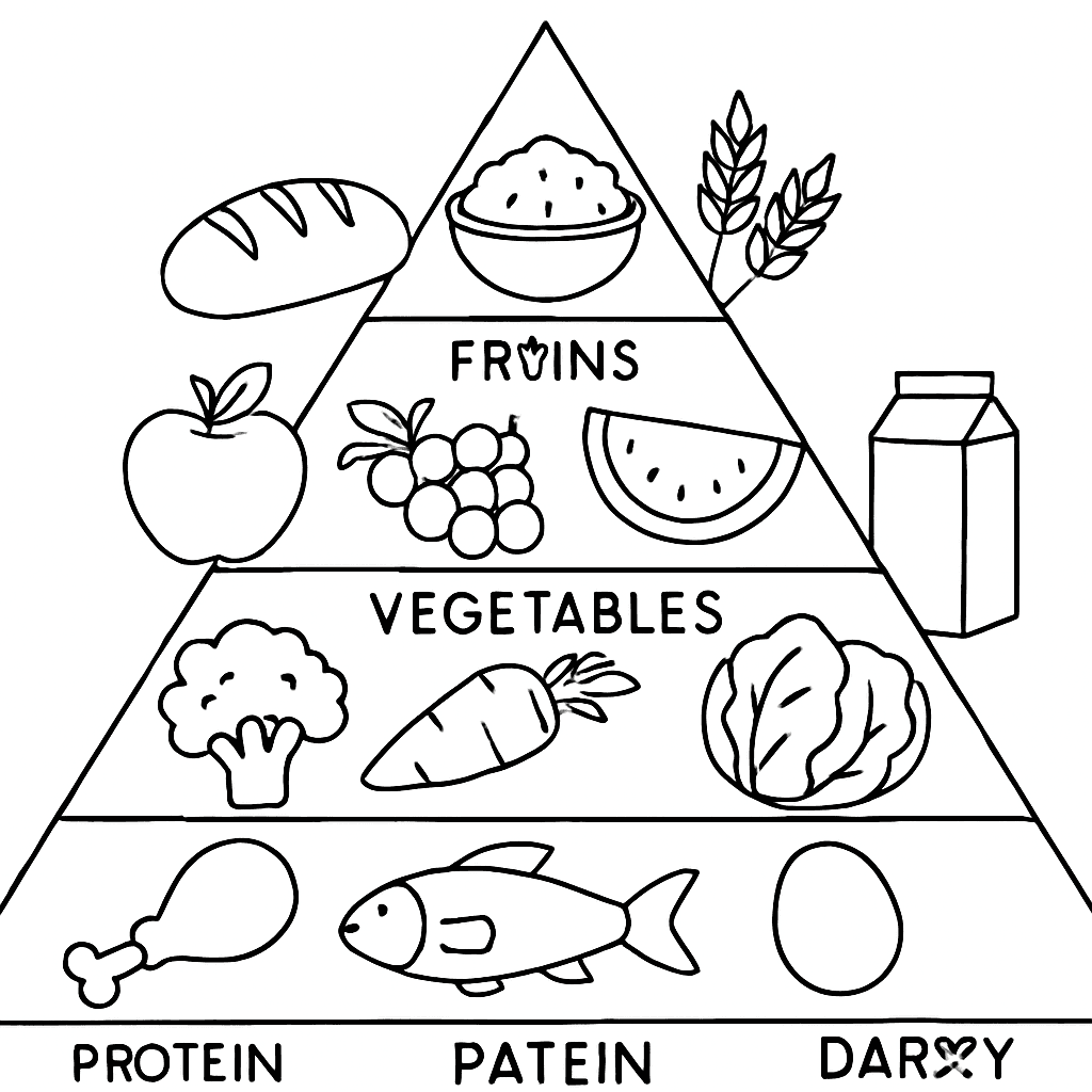 The Food Pyramid With Different Food Groups Illustrated And Labeled: Grains, Fruits, Vegetables, Protein, Dairy